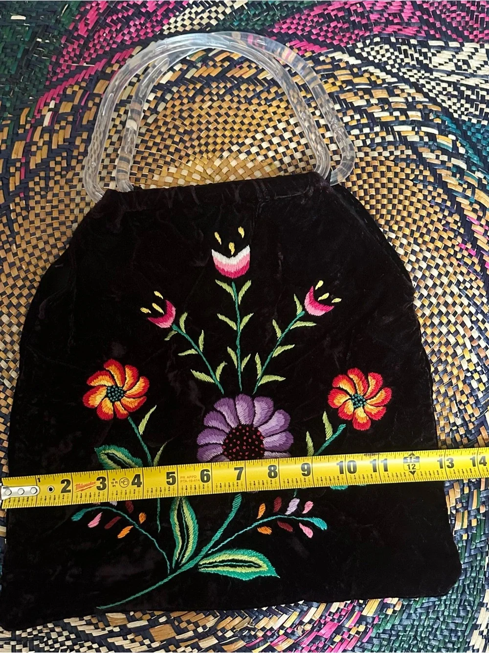 Vintage Black Velvet Floral Embroidered Tote Bag with Clear Handles